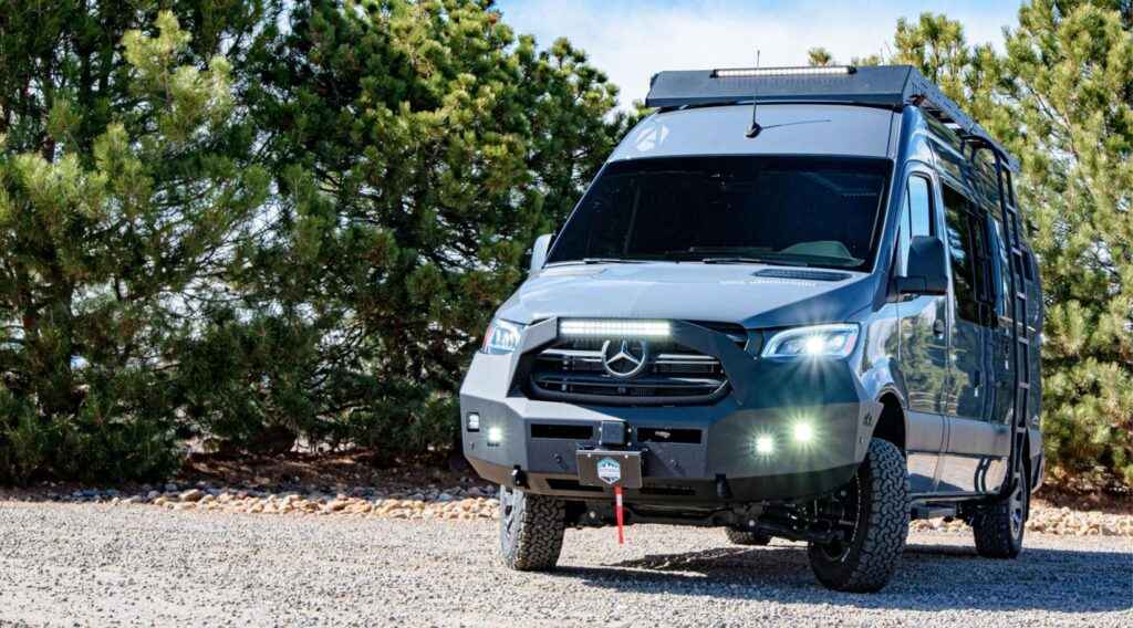 A front view of a blue Antero Adventure Motors van