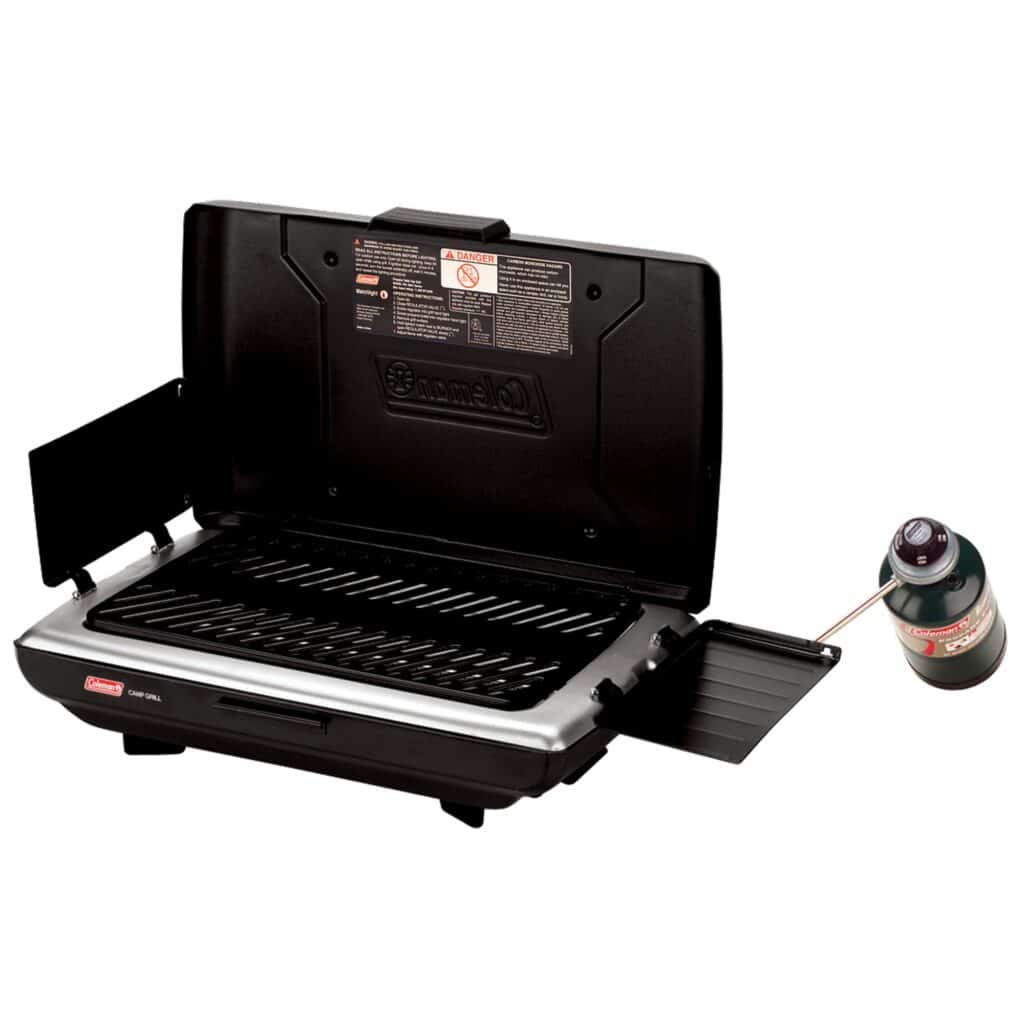 A view of a black Coleman Portable Propane Camp Grill