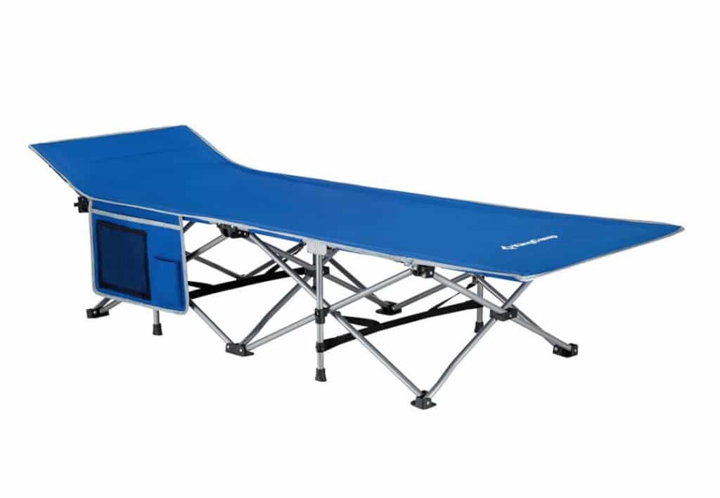 A view of a blue KingCamp Folding Deluxe Cot for Camping