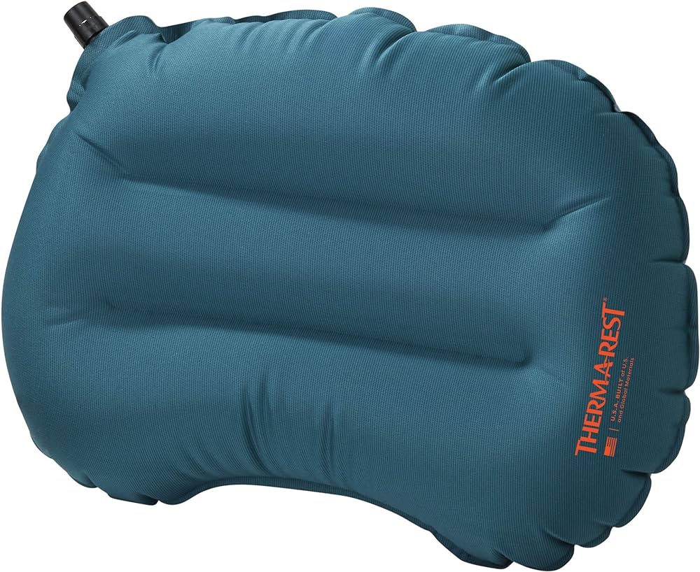 A view of a blue Therm a Rest Air Camping Pillow