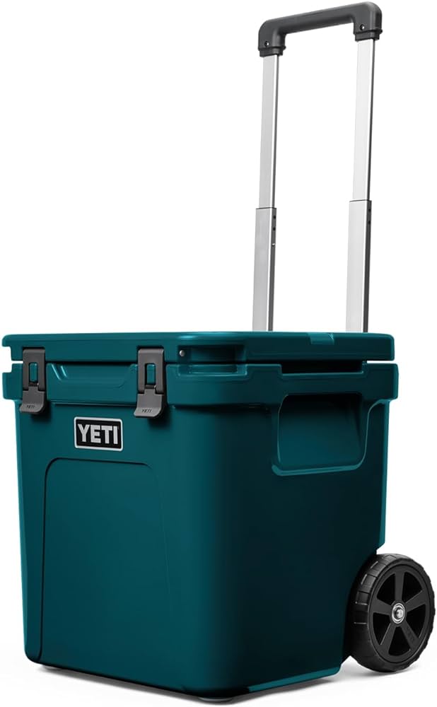 A view of a blue Yeti Roadie Wheeled cooler