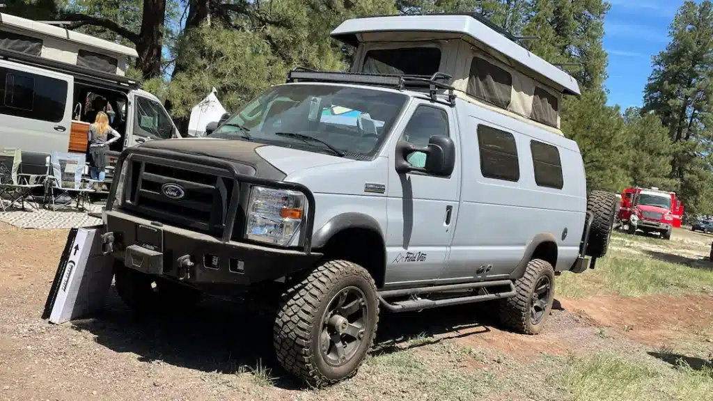 A view of a gray adventure wagon at a campsite