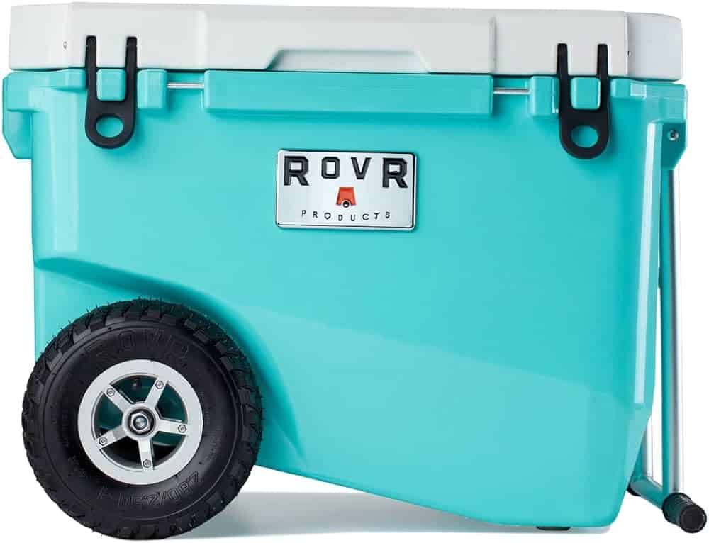 A view of a light blue RovR RollR Best Cool Box