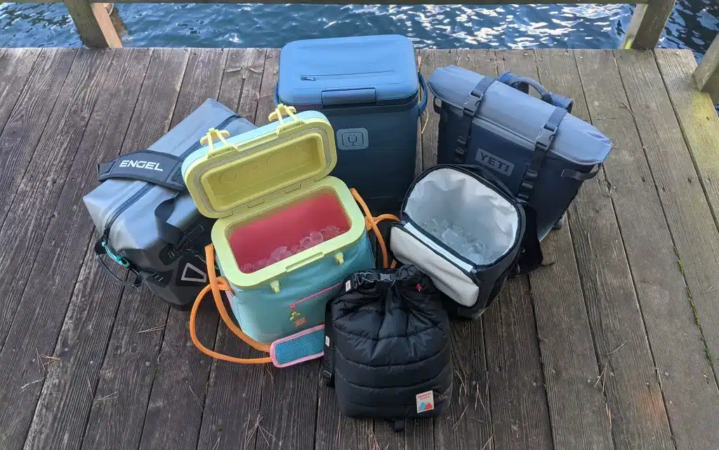 A view of coolers placed on a beach deck