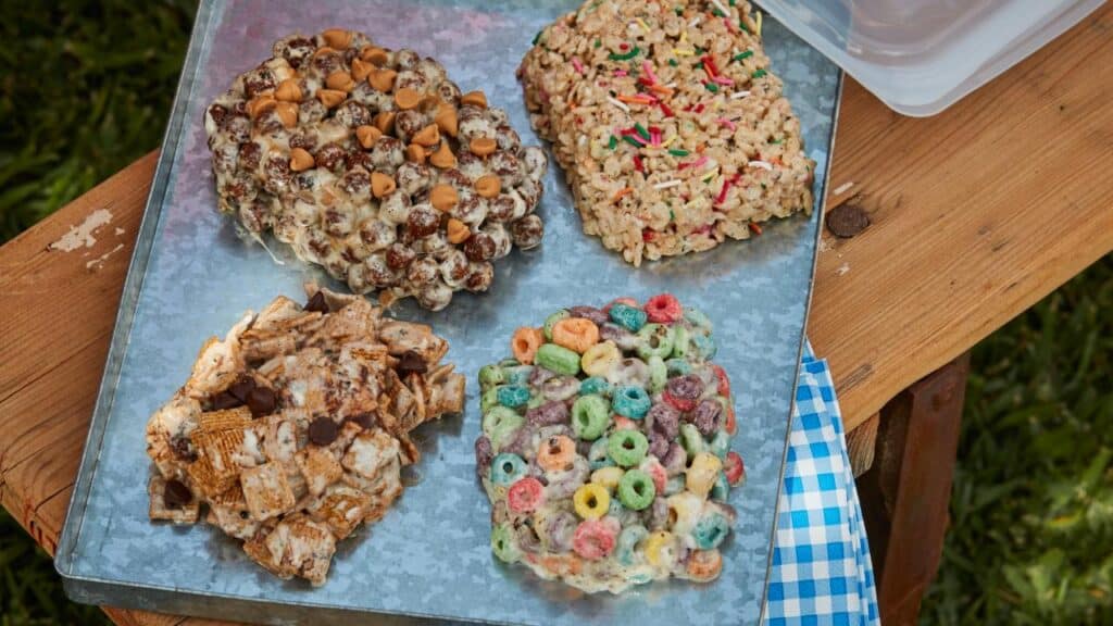 A view of four toasted marshmallow cereal bites