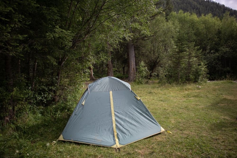 A green tent set up on a picnic spot. 