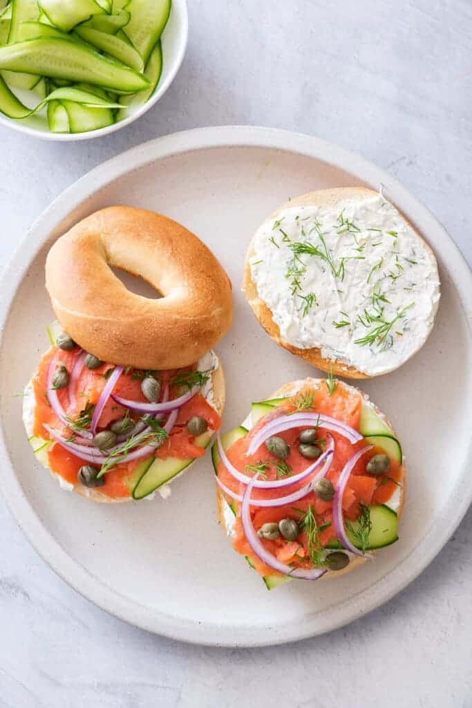 smoked salmon bagels in a plate