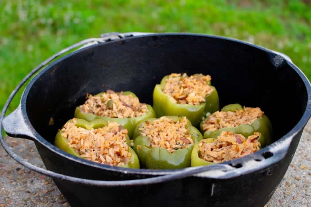 stuffed bell peppers in a skillet