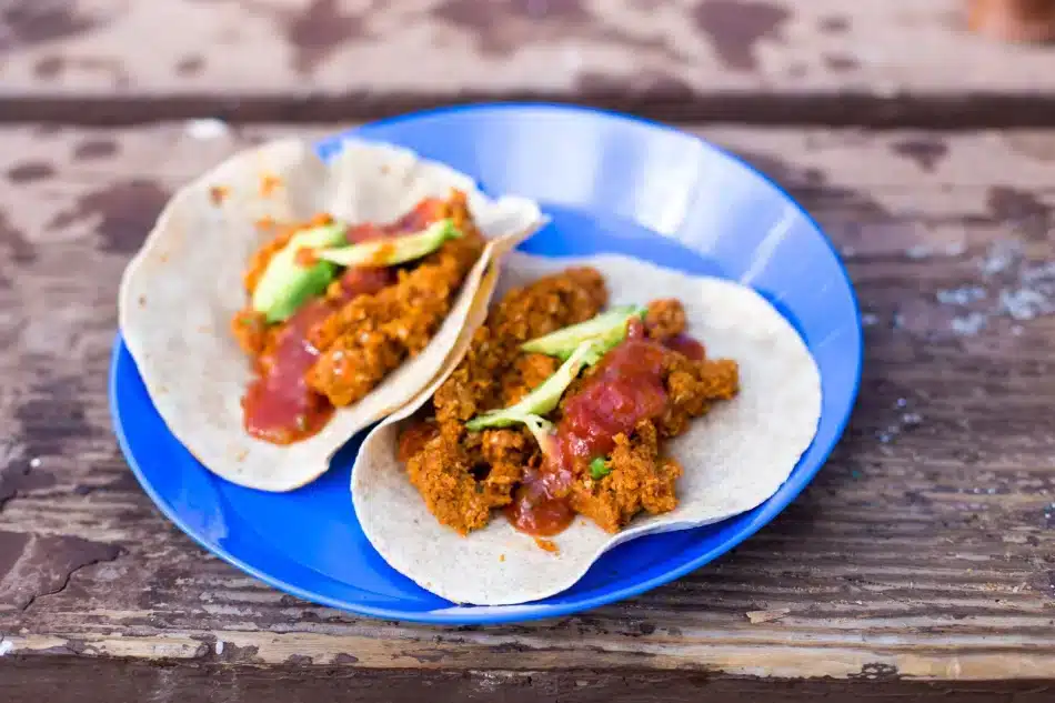 chorizo tacos in a blue plate