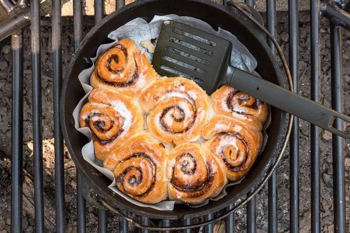 dutch oven cinnamon rolls in a skillet