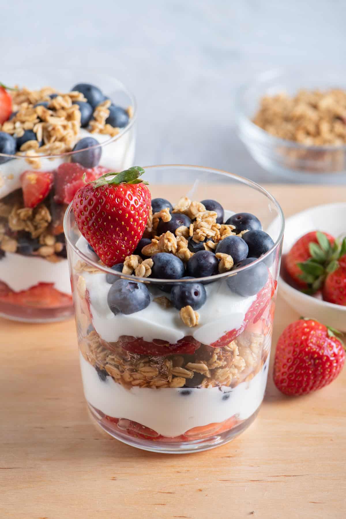 fruit and yogurt parfait in glasses