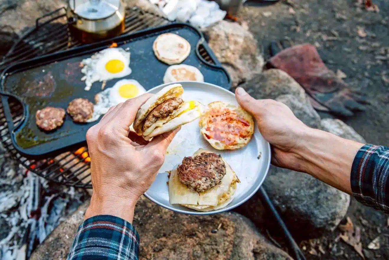 view of two hands one carrying a sandwich other holding aplate