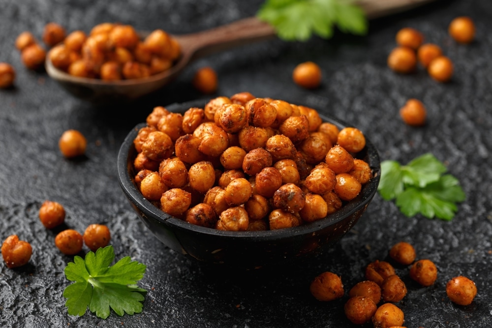 Roasted Spicy Chickpeas In Rustic Wooden Bowl Healthy Snack