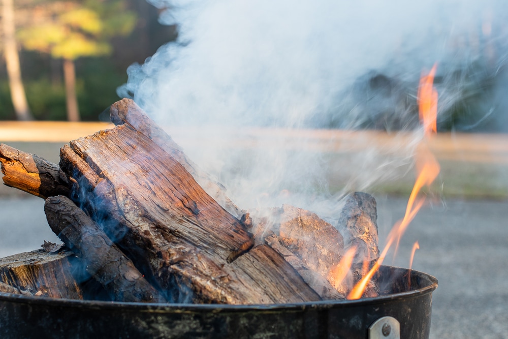 Fire Pit, Grey Smoke, Orange Flames with Forest Background in the Evening